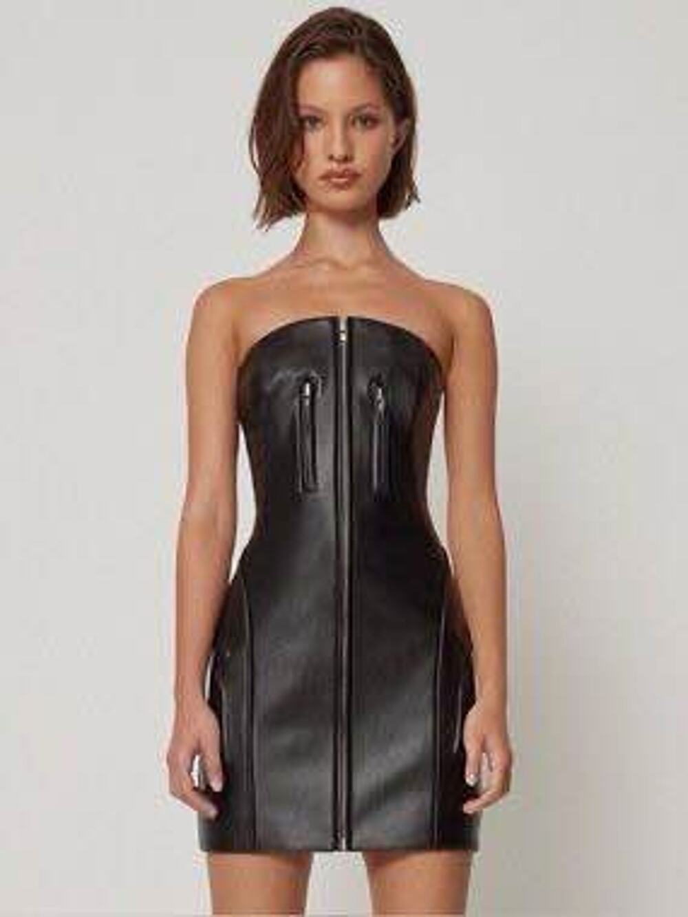 Khy by Kylie Jenner Black Faux Leather Full Zipper Strapless Mini Dress